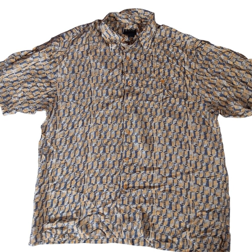 Mens XL Silk Golf Shirt Short-Sleeve Button-Up Geometric Print 100% Silk Shirt